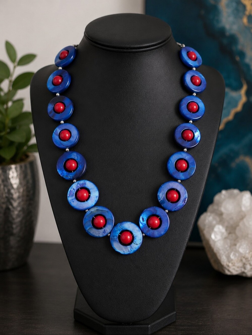 Oxana Jewelry Design Blue Mother of Pearl Red Bead Statement Necklace